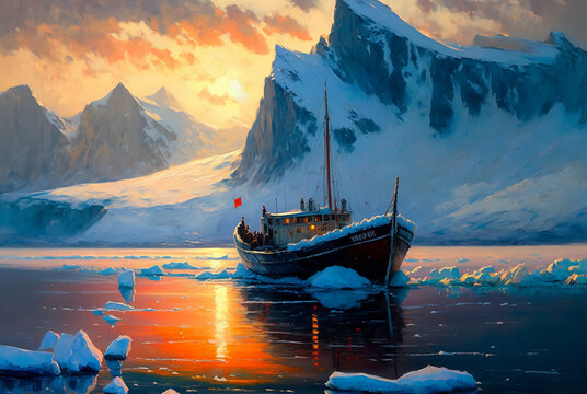 Antarctica Fishing Boat at Sunset, Oil Painting Style, Impressionism. Post-produced Generative AI digital illustration.