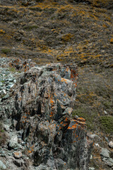 Patches of orange lichen clinging to the cliffs of the mountain area.