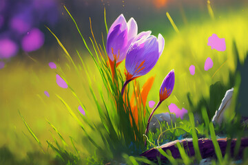 Bright and cheerful crocuses in the spring sunshine. Generative AI illustration