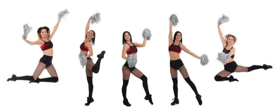 Collage with photos of beautiful happy cheerleaders with pom poms in uniform on white background