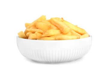 Bowl with delicious french fries on white background