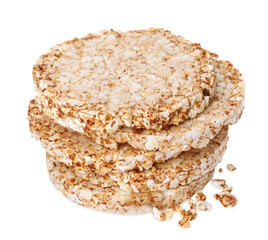 Stack of crunchy rice cakes on white background