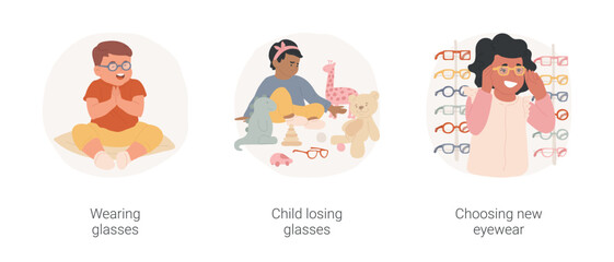 Childhood myopia isolated cartoon vector illustration set. Cute toddler wearing glasses, child losing eyeglasses, childhood habit, parent choosing new eyewear with kid, eye problem vector cartoon.