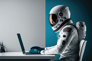 Fototapeta Mann im Raumanzug sitzt an einem Schreibtisch und arbeitet mit dem Laptop - Generative AI obraz