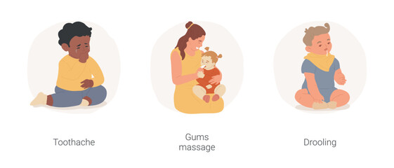 Baby teething isolated cartoon vector illustration set. Infant toothache, growing teeth treatment, gum massage, finger toothbrush, pain relief, baby drooling, early childhood health vector cartoon.