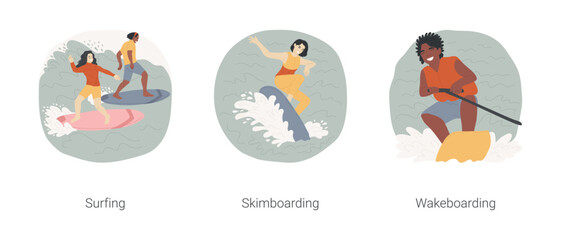 Extreme water sport isolated cartoon vector illustration set. Group of happy teenagers surfing together, teen skimboarding, riding wave, having fun wakeboarding, wake park vector cartoon.