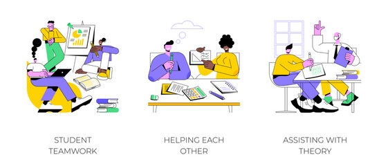 Peer tutoring isolated cartoon vector illustrations set. Student teamwork, helping each other, assisting with theory, making homework together, scientific supervisor, counselling vector cartoon.