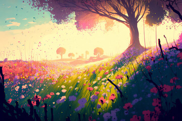 Generative AI illustration of a fantasy landscape with a large tree, vibrant flowers and a surreal sky.