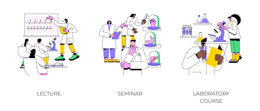 Medical college classes isolated cartoon vector illustrations set. Lecture and seminar, laboratory course, teaching assistant to medical students, university educational process vector cartoon.