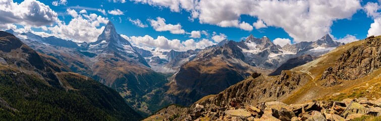 Majestic mountain valley in summer at Zermatt. Aerial view from the walking path to Lake Stellisee.