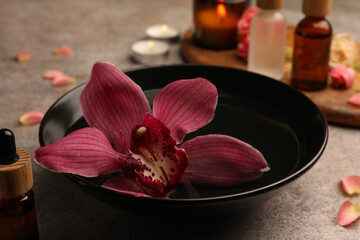 Obraz na płótnie Canvas Bowl of essential oil and beautiful flower on grey table, closeup. Aromatherapy treatment