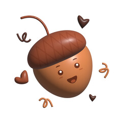 Illustration of cute acorn cartoon character in 3D kawaii doodle style. Suitable for nature product, snack and beverages, etc.