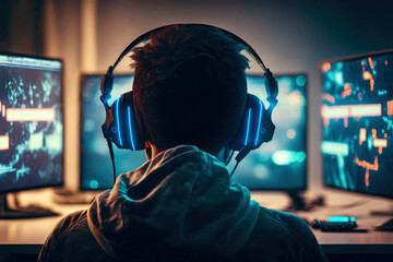 Young gamer in front of computer monitors - Generative AI