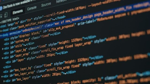 Coding UX UI script text on screen, HTML5 in editor for website development, Close up Macro of Programming code software developer. 