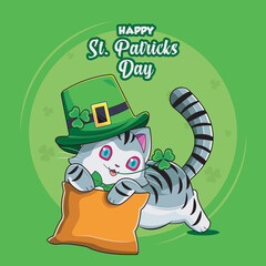 Happy Saint Patrick's Day. Cute Cat hugging pillow vector illustration
