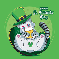 Happy Saint Patrick's Day. Cute Cat holding a glass of cold beer vector illustration
