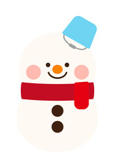 Snowman character illustration in winter season. He is wearing a bucket on his head, wearing a shawl and smiling.