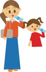 親子でポットボトルのミネラルウォーターを飲みながら水分補給をしている親子のイラスト