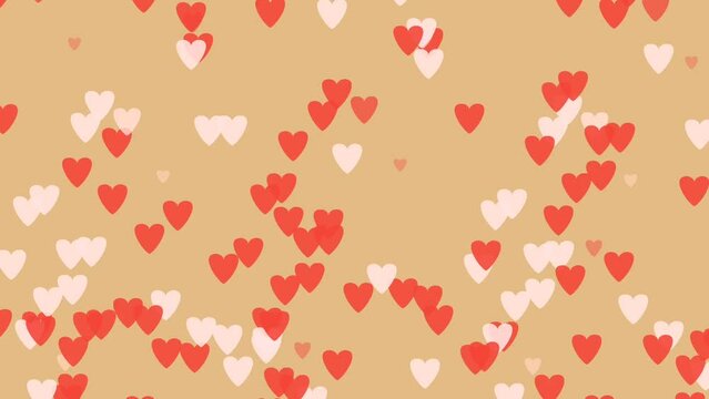 Colorful hearts confetti background. Seamless looping animation of falling hearts with depth of field over romantic 
 background in 4k