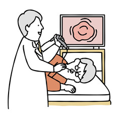  内視鏡検査を受ける患者と医者　胃カメラ　イエロー