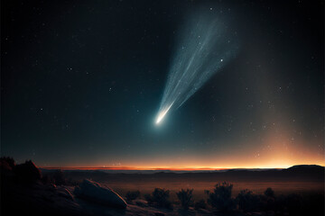 Night landscape with clear sky and stars , comet with light tail. Generative AI.