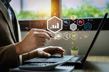 Digital online marketing commerce sale concept, Promotion of products or services through digital channels search engine, social media, email, website, Digital Marketing Strategies and Goals. SEO|PPC