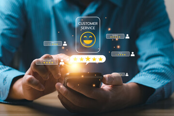 Customer review satisfaction feedback survey concept. Business people rate service experience and product quality or staff friendliness and overall value for the price. information, amend, improve - obrazy, fototapety, plakaty