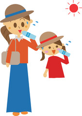 夏の猛暑の中ペットボトルのミネラルウォーターで熱中症対策をしている親子のイラスト・炎天下・