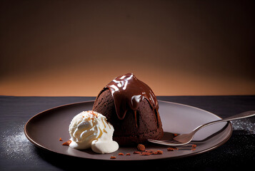 Chocolate fondant with ice cream. Closeup.