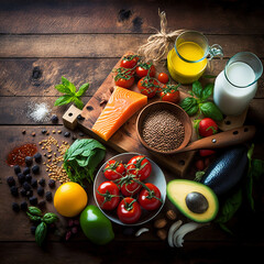 Fresh and delicious vegetables and fruits with salmon in a table.