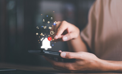 The smartphone and the bell icon show notifications of new messages,internet application...