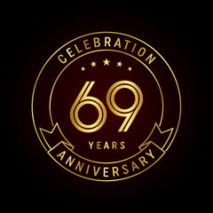Fototapeta na wymiar 69th anniversary template design concept with golden ribbon for anniversary celebration event. Logo Vector Template