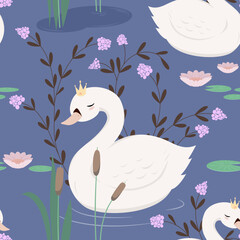 Biały łabędź pływający w stawie. Powtarzający się wzór z łabędziami, liliami wodnymi, kwiatami. Projekt ilustracji wektorowych dla modnych tkanin, grafiki tekstylnej, nadruków.