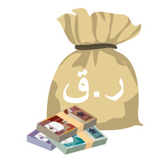 Qatari Rial Vector Illustration. Qatar money set bundle banknotes. Money bag 100, 200, 500 QAR. Flat style. Isolated on white background. Simple minimal design.