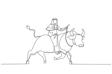 arab man investor riding and balance himself on rodeo bull concept of stock investor