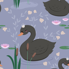 Czarny łabędź pływający w stawie. Powtarzający się wzór z łabędziami, liliami wodnymi, kwiatami. Projekt ilustracji wektorowych dla modnych tkanin, grafiki tekstylnej, nadruków.