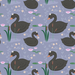 Czarne łabędzie pływający w stawie. Powtarzający się wzór z pływającymi ptakami, liliami wodnymi, kwiatami. Projekt ilustracji wektorowych dla modnych tkanin, grafiki tekstylnej, nadruków.