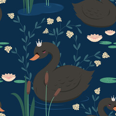 Czarny łabędź pływający w stawie. Powtarzający się wzór z łabędziami, liliami wodnymi, kwiatami. Projekt ilustracji wektorowych dla modnych tkanin, grafiki tekstylnej, nadruków.