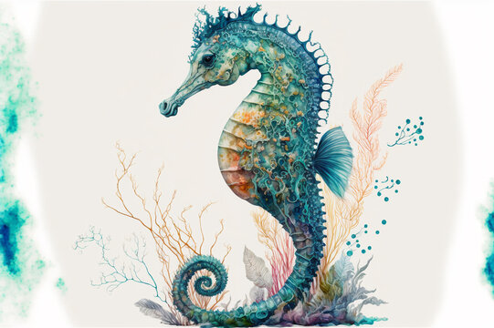 Watercolor painting of Seahorse, Art. Generated AI.