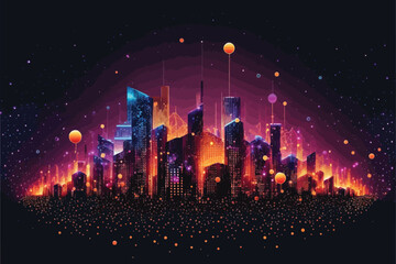 Abstract city background. Futuristic cityscape with glowing neon lights. Vector illustration.
