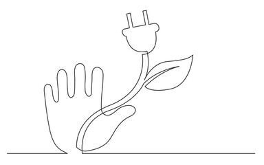 continuous line drawing vector illustration with FULLY EDITABLE STROKE of electical human hand renewal energy plugin plant