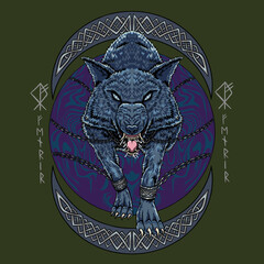 Chained Angry Wolf Viking Mythology Vector Illustration - obrazy, fototapety, plakaty