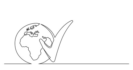 continuous line drawing vector illustration with FULLY EDITABLE STROKE of of world planet with checked mark