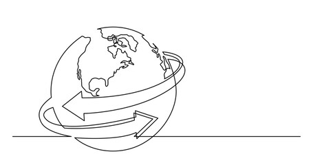 continuous line drawing vector illustration with FULLY EDITABLE STROKE of of world planet with connection arrows
