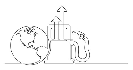 continuous line drawing vector illustration with FULLY EDITABLE STROKE of of world planet with gas high prices icon