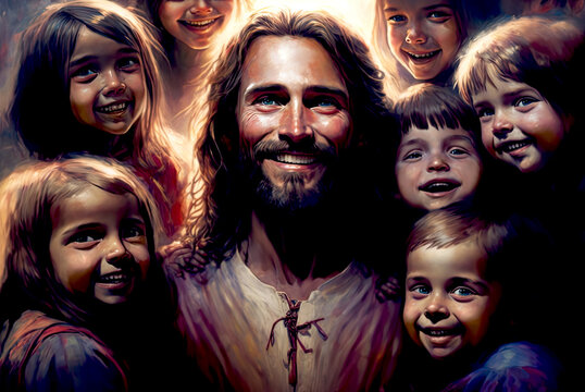 Realistic painting of Jesus smiling, Let the little children come to me, created with Generative AI technology