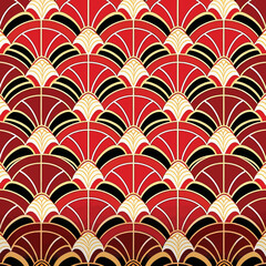 Red Sunrise sea wave seamless pattern. Traditional Japanese pattern.