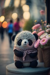 Adorable knitted wool panda teddy bear with beautiful flowers, twinkling city lights bokeh. Alone and waiting for comforting cuddles and soft hugs - generative AI illustration.