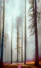 An Illustration image generative AI of misty morning in the forest