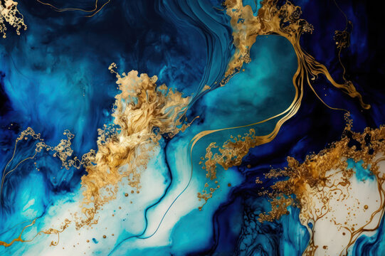 Abstract blue and white alcohol ink style with gold glitter shimmer background generative ai.
